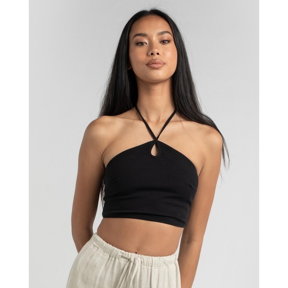 ZARA // black stretch ribbed keyhole cropped neck tie halter top - Picture 3 of 10